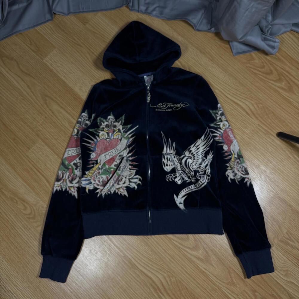 Ed Hardy Women's Black Velvour Zip-Up Hoodie with Tattoo Embroidery - Picture 4 of 9